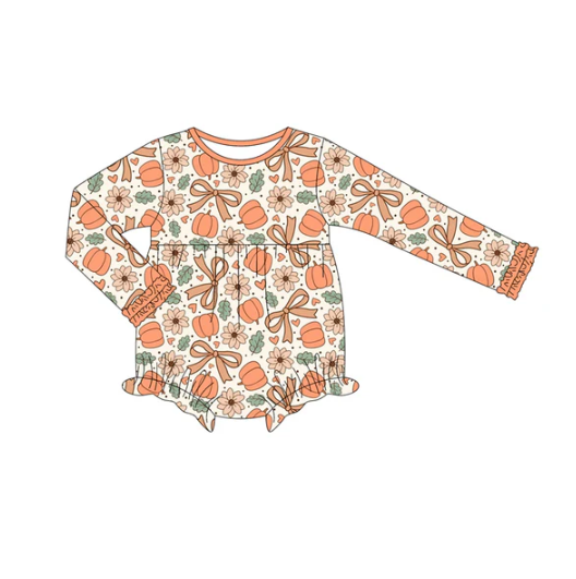 7.8 Preorder (moq 5)Baby Girls Long Sleeves Peach Bows Flowers Pumpkins Plaid Ruffle Romper