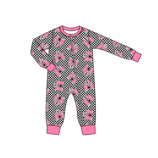 7.8Preorder (moq 5)Baby Girls Long Sleeves Black Plaid Pink Bows Zipper Romper