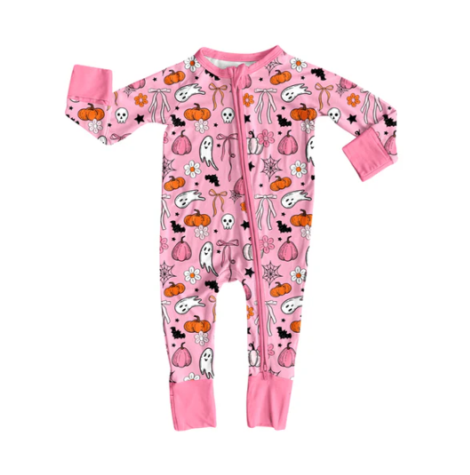 7.8 Preorder (moq 5)Baby Girls Long Sleeves Pink Ghosts Pumpkins Plaid Zipper Pant Romper