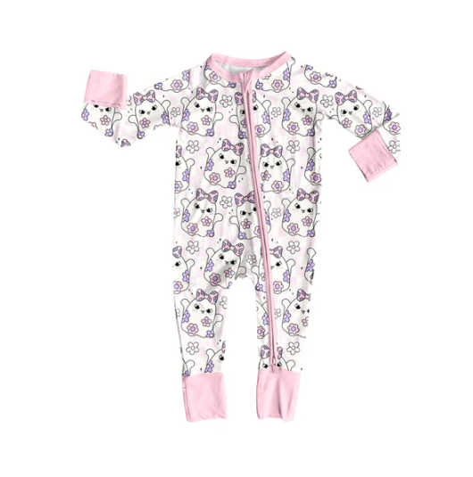 7.8 Preorder (moq 5)Baby Girls Long Sleeves Pink Flowers Ghosts Plaid Zipper Pant Romper