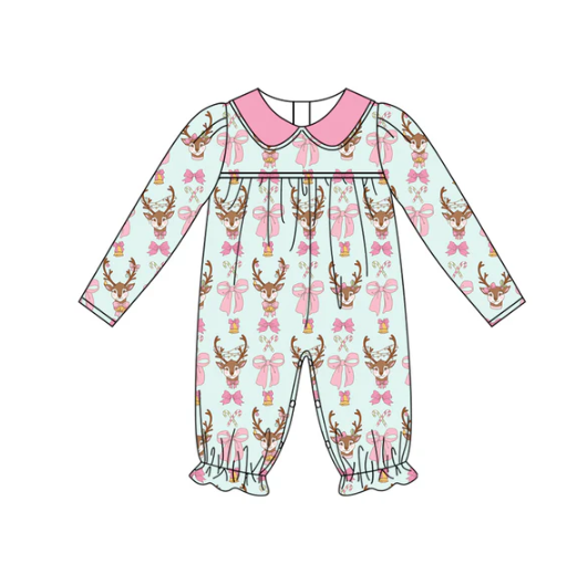 7.8 Preorder (moq 5)Baby Girls Long Sleeves Bows Deer Candy Cane Plaid Ruffle Pant Romper Regular price$9.00 USD