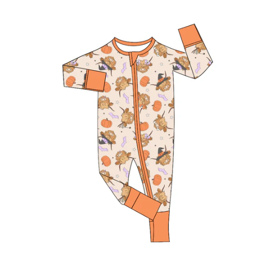 7.8 Preorder (moq 5)Baby Girls Long Sleeves Highland Cows Pumpkins Plaid Zipper Romper