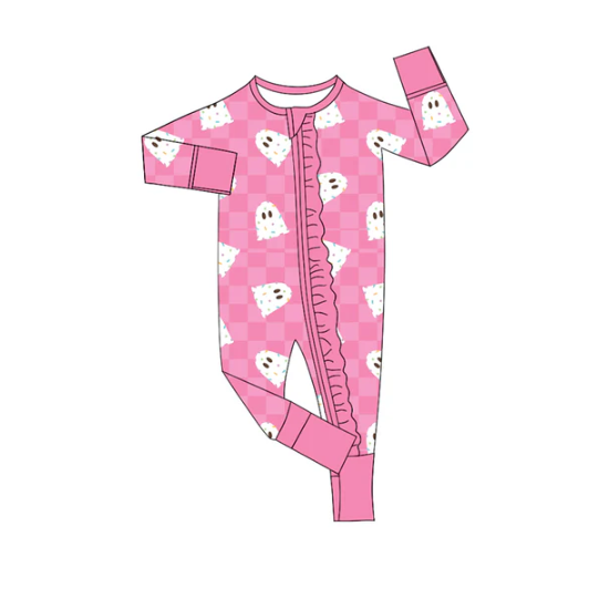 7.8 Preorder (moq 5)Baby Girls Long Sleeves Pink Ghosts Plaid Ruffle Zipper Romper