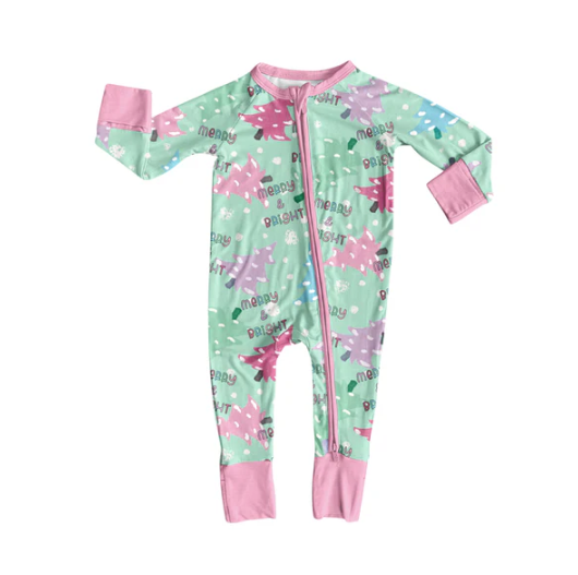 7.8 Preorder (moq 5)Baby Girls Long Sleeves Colorful Trees Plaid Merry Bright Zipper Romper