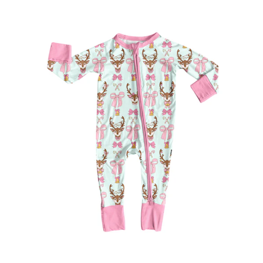 7.8 Preorder (moq 5)Baby Girls Long Sleeves Pink Bows Deer Candy Cane Plaid Zipper Romper