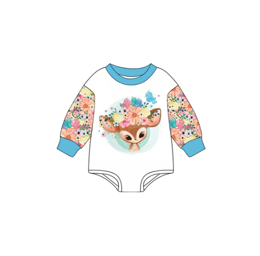 7.8 Preorder (moq 5)Baby Girls Blue Long Sleeves Flowers Deer Birds Romper
