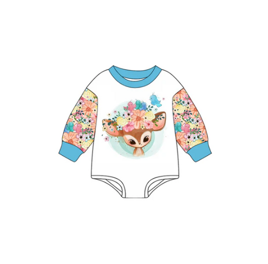 7.8 Preorder (moq 5)Baby Girls Blue Long Sleeves Flowers Deer Birds Romper