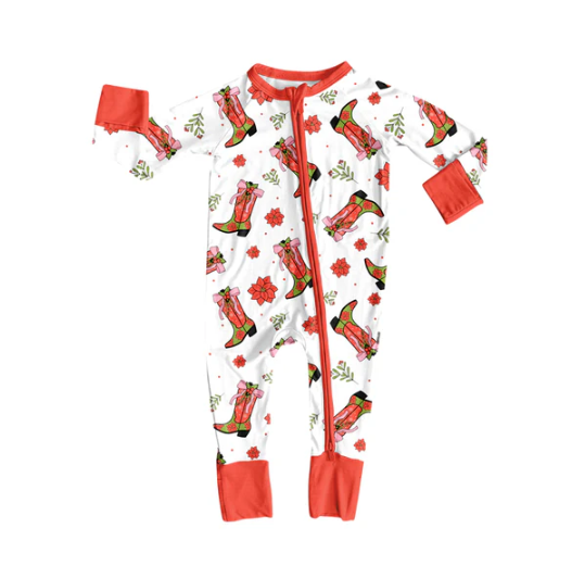 7.8 Preorder (moq 5)Baby Girls Red Long Sleeves Flowers Bows Boots Zipper Romper