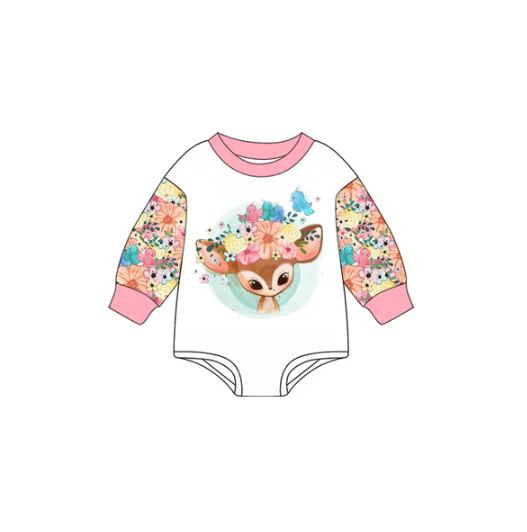 7.8 Preorder (moq 5)Baby Girls Pink Long Sleeves Flowers Deer Birds Romper