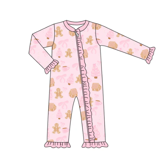 7.8 Preorder (moq 5)Baby Girls Long Sleeves Pink Bows Gingerbread Trees Ruffle Zipper Romper