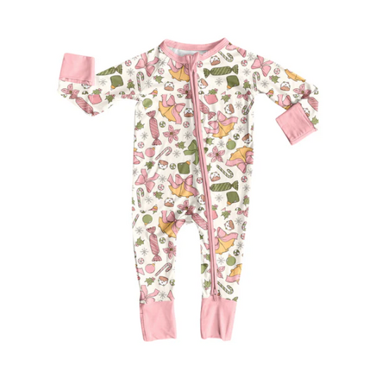 7.8 Preorder (moq 5)Baby Girls Long Sleeves Pink Bows Holly Candy Zipper Romper
