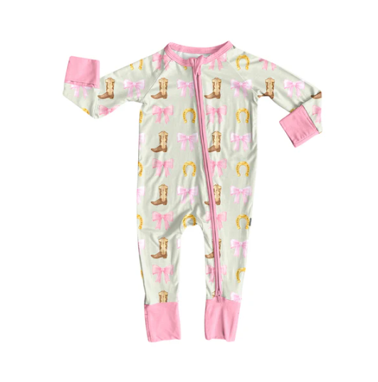 7.8 Preorder (moq 5)Baby Girls Long Sleeves Pink Bows Boots Horse Shoes Zipper Romper