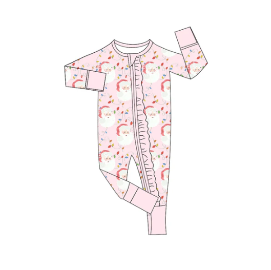 7.8 Preorder (moq 5)Baby Girls Long Sleeves Pink Santa Lights Plaid Ruffle Zipper Romper