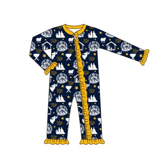 7.8 Preorder (moq 5)Baby Girls Long Sleeves Stars Nativity Plaid Ruffle Zipper Romper
