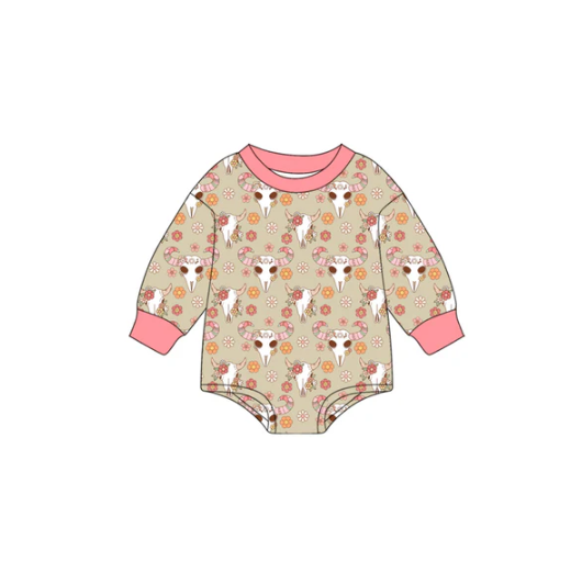 7.8 Preorder (moq 5)Baby Girls Long Sleeves Pink Flowers Bull Skull Plaid Romper