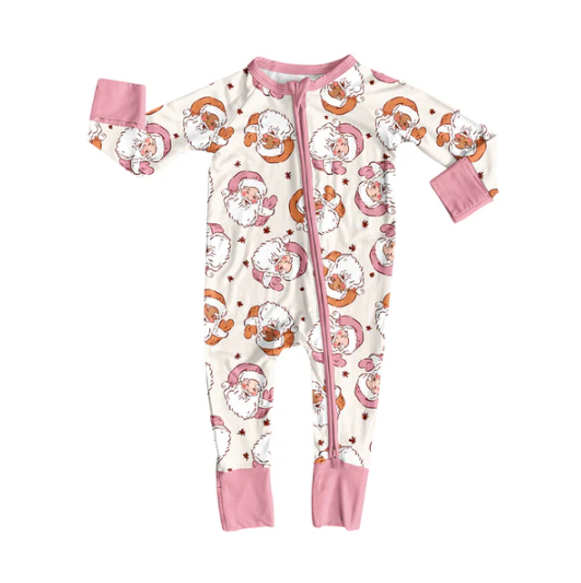 7.8 Preorder (moq 5)Baby Girls Long Sleeves Pink Santa Leaves Plaid Zipper Romper