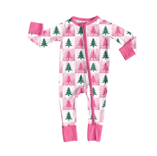 7.8 Preorder (moq 5)Baby Girls Long Sleeves Pink Green Trees Plaid Zipper Romper