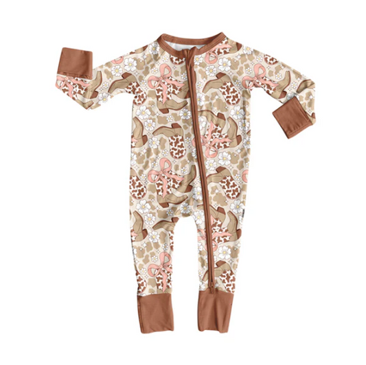 7.8Preorder (moq 5)Baby Girls Long Sleeves Brown Cow Print Bows Boots Flowers Zipper Romper