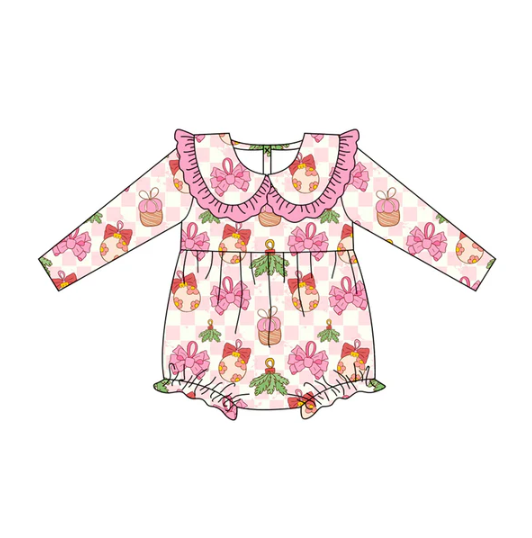 7.8 Preorder (moq 5)Baby Girls Long Sleeves Pink Bows Lights Holly Plaid Ruffle Romper