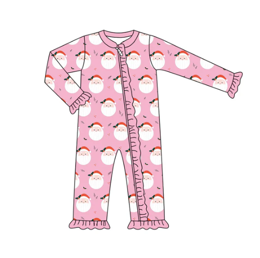 7.8 Preorder (moq 5)Baby Girls Pink Long Sleeves Santa Holly Plaid Ruffle Zipper Romper