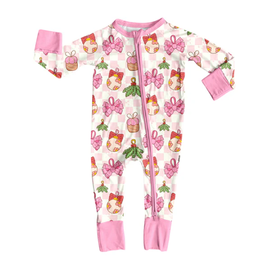 7.8 Preorder (moq 5)Baby Girls Pink Plaid Long Sleeves Bows Holly Lights Zipper Romper