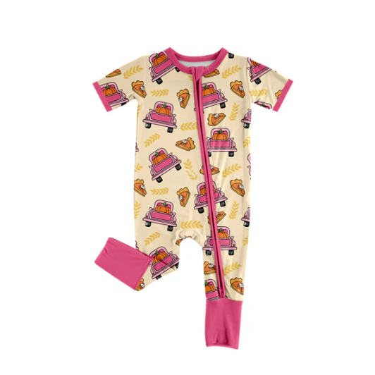 7.8Preorder (moq 5)Baby Girls Pink Short Sleeves Pie Pumpkins Trucks Plaid Zipper Romper