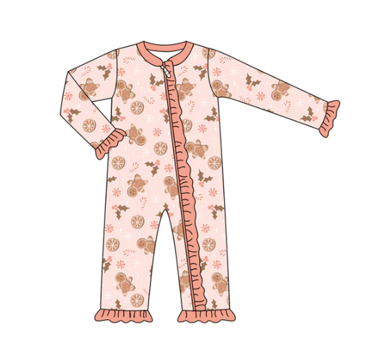 7.8 Preorder (moq 5)Baby Girls Long Sleeves Peach Holly Gingerbread Ruffle Zipper Romper