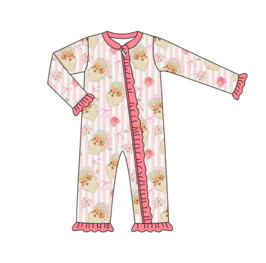 7.8 Preorder (moq 5)Baby Girls Long Sleeves Pink Bows Santa Stripes Ruffle Zipper Romper
