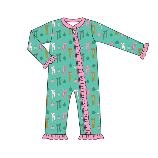 7.8 Preorder (moq 5)Baby Girls Long Sleeves Green Lights Bows Plaid Ruffle Zipper Romper
