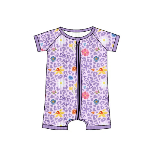 7.8 Preorder (moq 5)Baby Girls Long Sleeves Lavender Short Sleeves Daddy's Girls Flowers Zipper Romper
