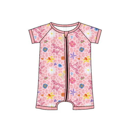 7.8 Preorder (moq 5)Baby Girls Long Sleeves Pink Short Sleeves Mama's Girls Flowers Zipper Romper