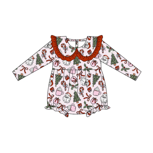 7.8 Preorder (moq 5)Baby Girls Long Sleeves Santa Bows Candy Cane Trees Plaid Ruffle Romper