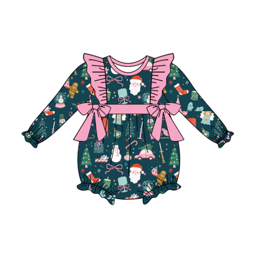 7.8 Preorder (moq 5)Baby Girls Green Long Sleeves Santa Bows Gifts Plaid Ruffle Romper