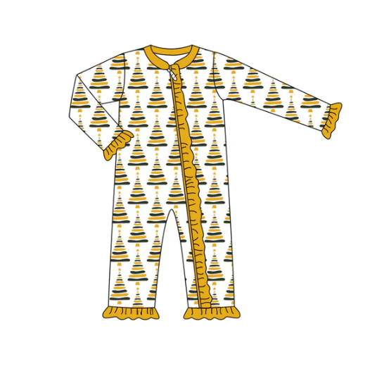 7.8 Preorder (moq 5)Baby Girls Long Sleeves Yellow Stripes Trees Plaid Ruffle Zipper Romper