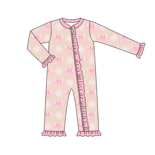 7.8 Preorder (moq 5)Baby Girls Pink Long Sleeves Bows Snowflake Plaid Ruffle Zipper Romper