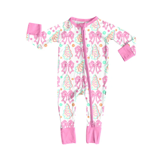 7.9 Preorder (moq 5)Baby Girls Long Sleeves Pink Stripe Bows Trees Plaid Zipper Romper