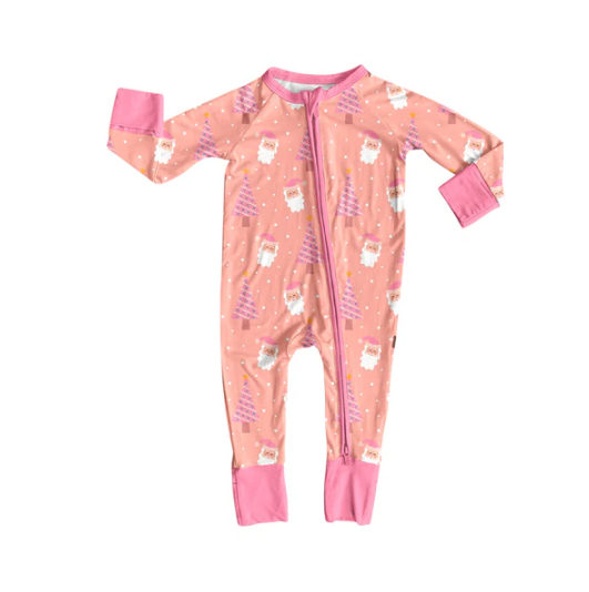 7.9 Preorder (moq 5)Baby Girls Peach Long Sleeves Santa Trees Plaid Zipper Romper