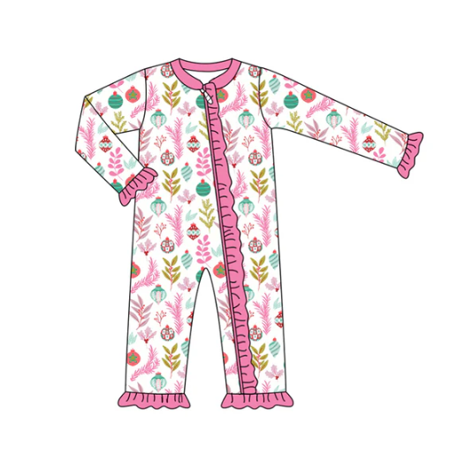 7.9 Preorder (moq 5)Baby Girls Pink Long Sleeves Pumpkins Floral Ruffle Zipper Romper