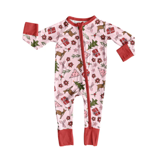 7.9 Preorder (moq 5)Baby Girls Pink Long Sleeves Bows Holly Deer Zipper Romper