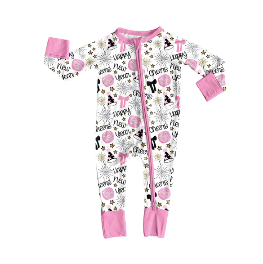 7.9 Preorder (moq 5)Baby Girls Pink Long Sleeves Happy New Year Stars Zipper Romper