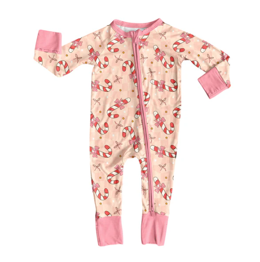 7.9 Preorder (moq 5)Baby Girls Pink Long Sleeves Bows Candy Cane Plaid Zipper Romper