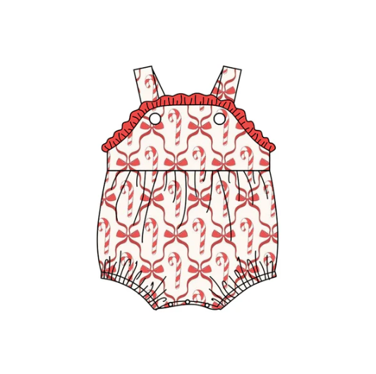 7.9 Preorder (moq 5)Baby Girls Strap Red Bows Candy Cane Plaid Ruffle Romper