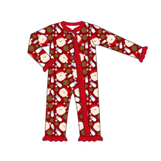 7.9 Preorder (moq 5)Baby Girls Long Sleeves Red Santa Milk Plaid Ruffle Zipper Romper