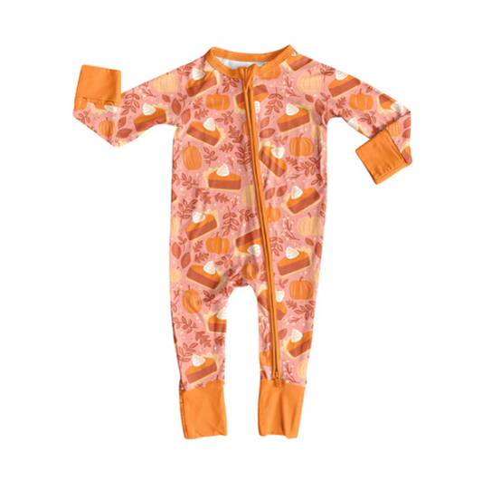 7.9 Preorder (moq 5)Baby Girls Long Sleeves Peach Pie Pumpkins Plaid Zipper Romper