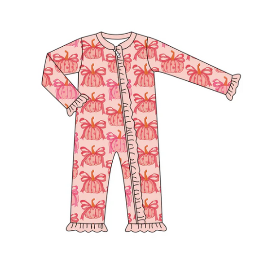 7.9 Preorder (moq 5)Baby Girls Long Sleeves Peach Bows Pumpkins Plaid Ruffle Zipper Romper