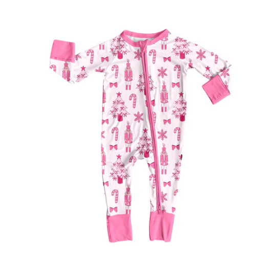 7.9 Preorder (moq 5)Baby Girls Long Sleeves Pink Bows Candy Cane Soldiers Zipper Romper