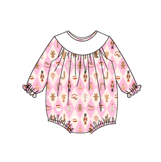 7.9 Preorder (moq 5)Baby Girls Long Sleeves Pink Santa Soldiers Gingerbread Plaid Ruffle Romper