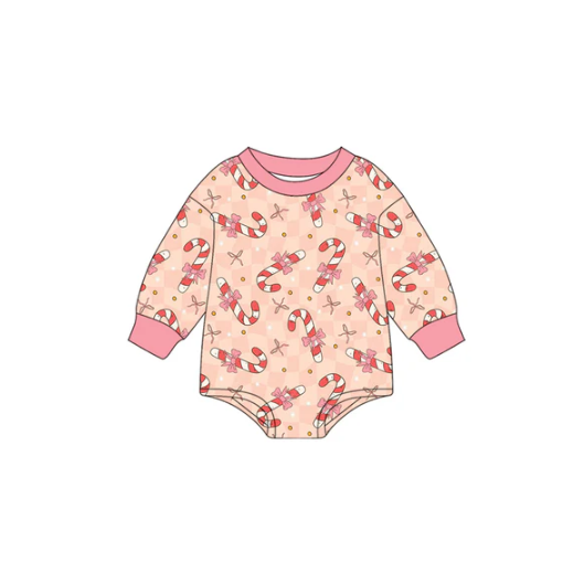 7.9 Preorder (moq 5)Baby Girls Long Sleeves Peach Bows Candy Cane Stars Plaid Romper