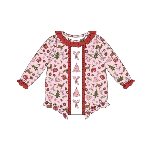 7.9 Preorder (moq 5)Baby Girls Long Sleeves Pink Bows Trees Deer Plaid Ruffle Romper