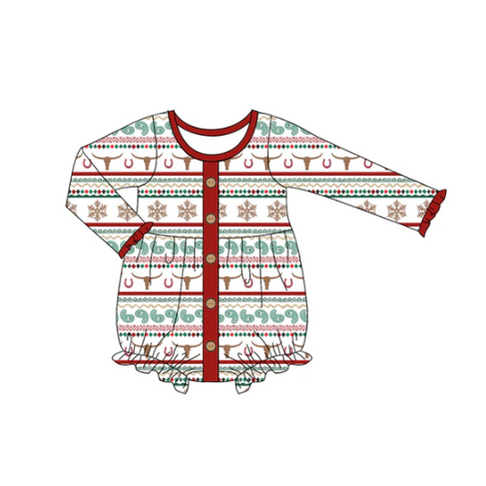 7.9 Preorder (moq 5)Baby Girls Long Sleeves Red Bull Skull Aztec Stripe Button Ruffle Romper